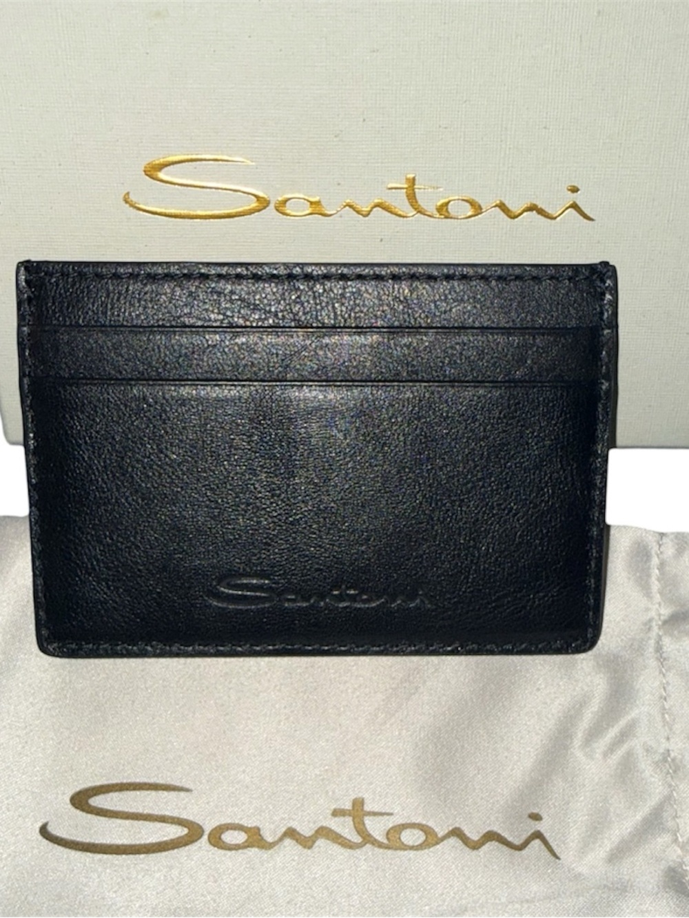 Santoni Black Leather Slim Card Holder